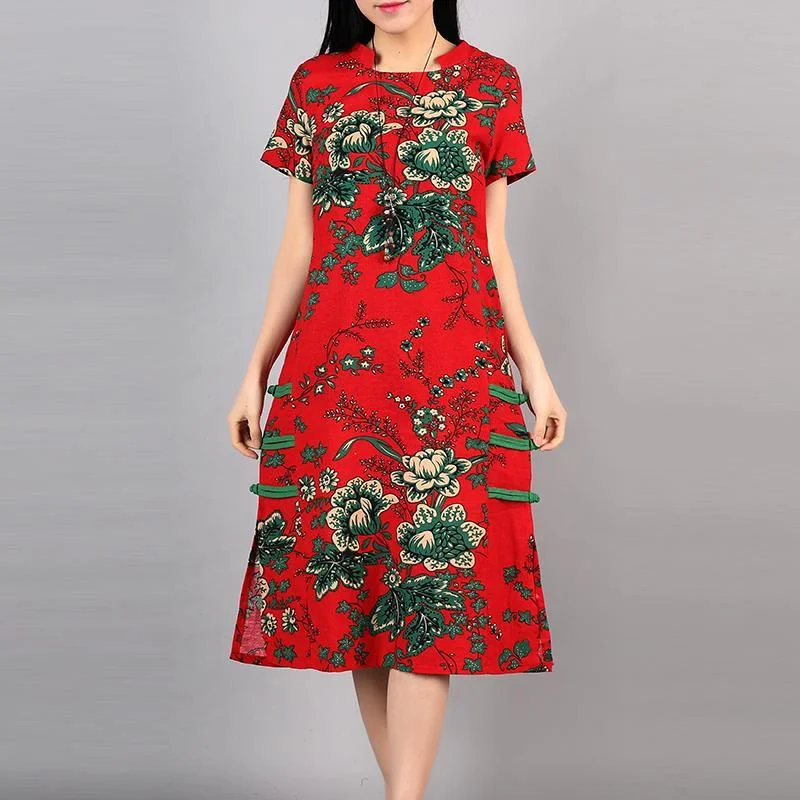 2017 red summer floral Chinese Button cotton sundress plus size casual dresses o neck maxi dress side open Chic Summer Floral Maxi Dress