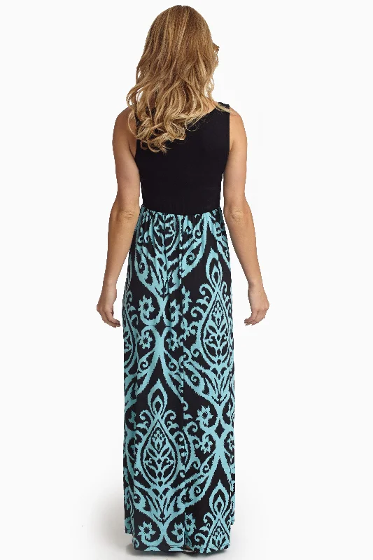 Aqua Damask Printed Bottom Maxi Dress