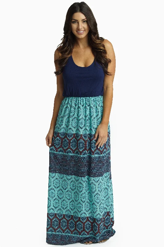 Aqua Navy Geometric Bottom Maxi Dress