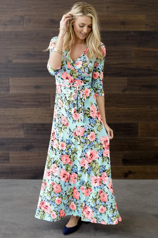 Aqua Neon Floral Draped 3/4 Sleeve Maxi Dress