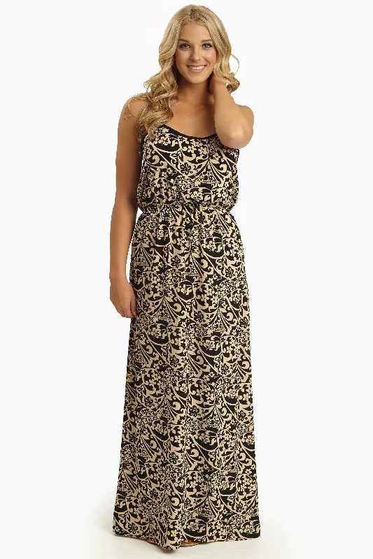 Black Beige Floral Printed Maxi Dress