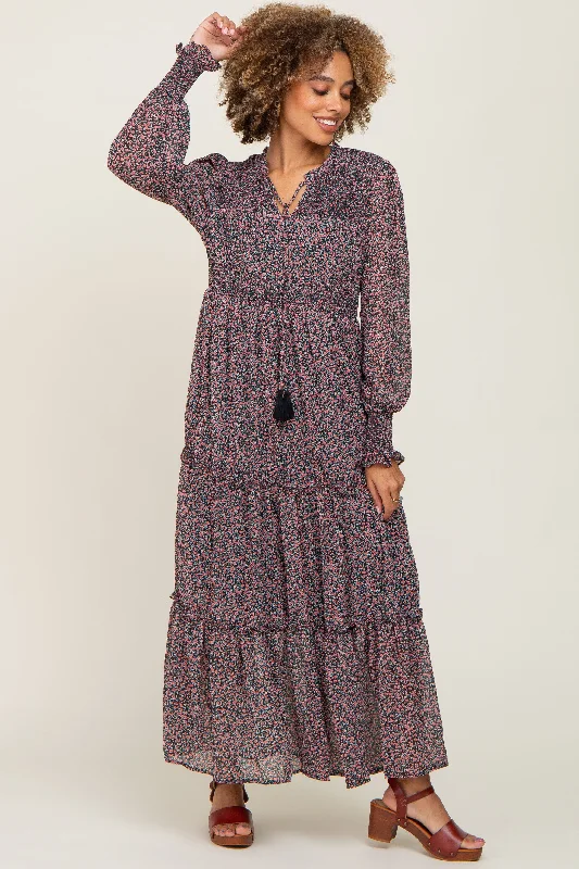 Black Floral Smocked Tiered Maxi Dress Comfortable Pleated Maxi Dress