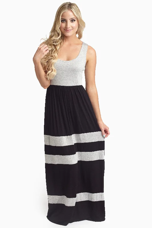 Black Grey Striped Bottom Colorblock Maxi Dress