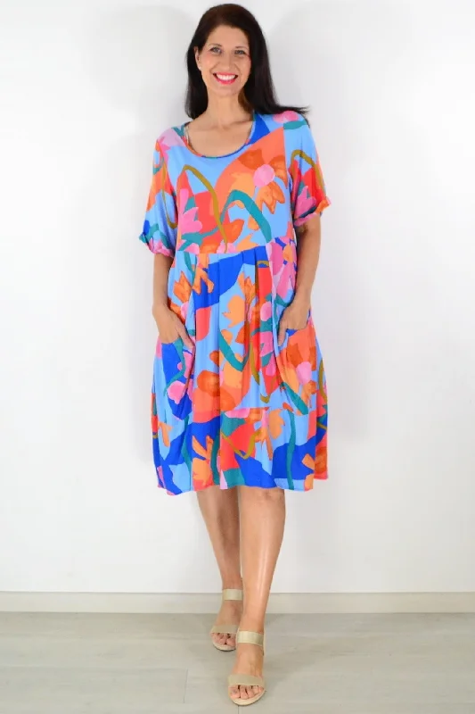 Blue Coral Orange Midi Dress