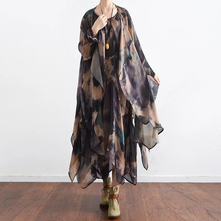 blue summer plus size dresses casual silk sundresses asymmetric prints two pieces maxi dress Comfortable Long-Sleeve Maxi Dress