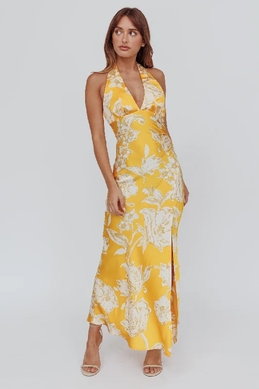 Brighter Days Halterneck Split Midi Dress Sun Trendy Ruched Side Midi Dress