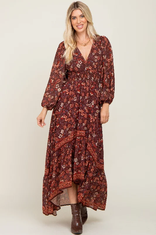 Brown Floral Hi-Lo Train Maxi Dress Elegant Silk Maxi Dress