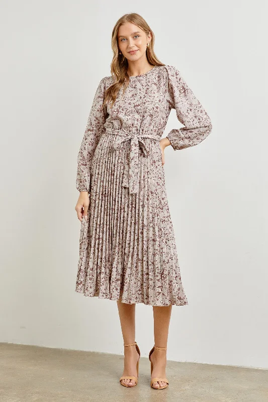 Brown Multi Woven Pleated Maxi Dress W/ Waist Self Tie Classic Tulle Maxi Dress