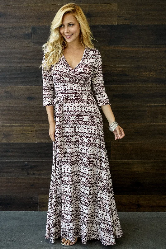 Burgundy Tribal Printed 3/4 Sleeve Maxi Dress