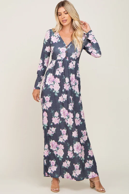 Charcoal Floral Button Front Maxi Dress Cozy Wrap Maxi Dress
