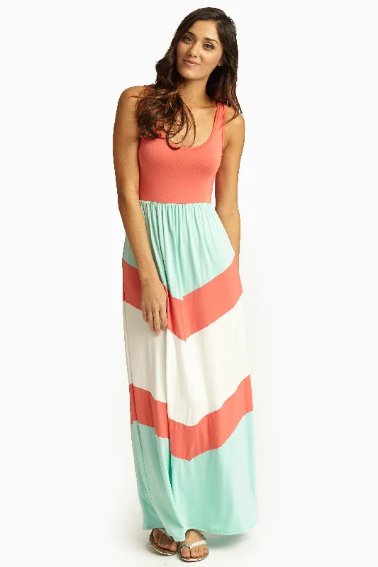 Coral Chevron Printed Bottom Maxi Dress