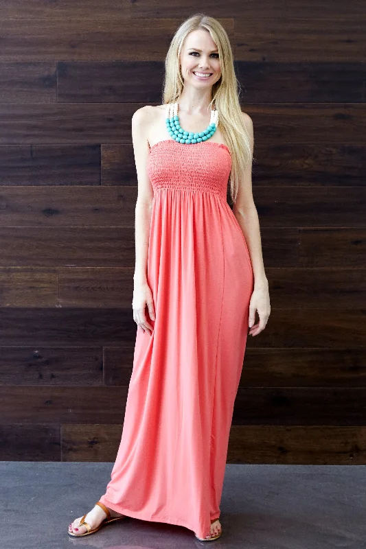 Coral Solid Strapless Maxi Dress