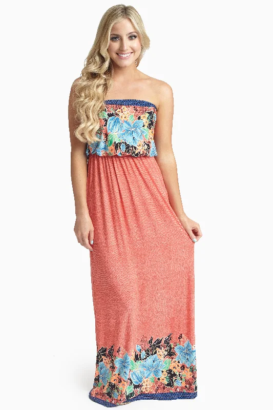 Coral Tropic Floral Strapless Maxi Dress