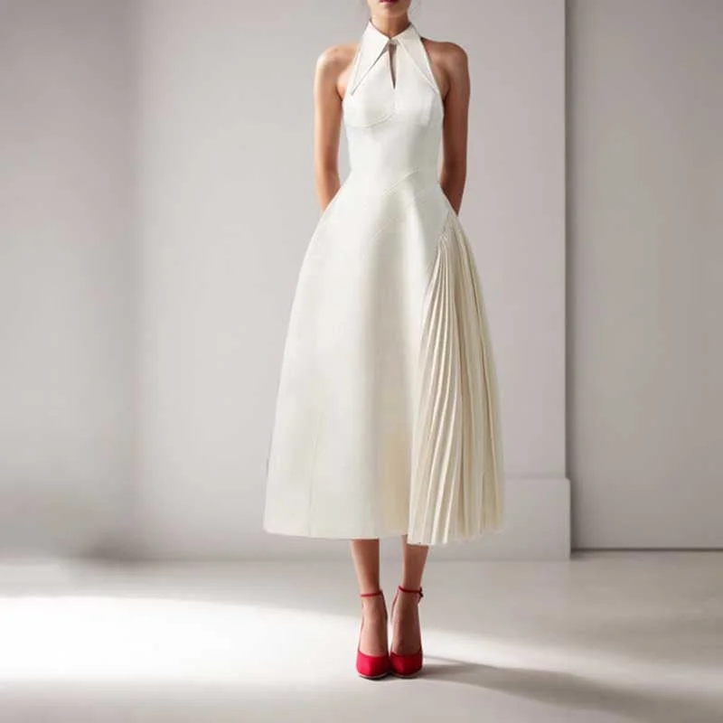 Sleeveless Cream Ruched Midi Dress