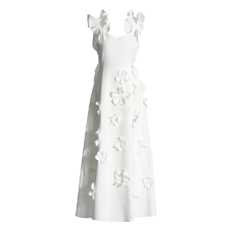 Elegant Ruffle Sleeveless Fit and Flare Floral Applique Evening Maxi Dress