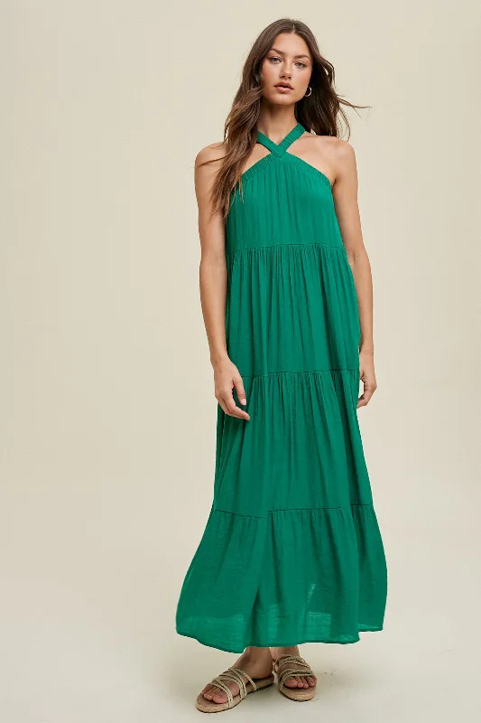 Emerald Halter Tiered Maxi Dress Trendy Floral Print Maxi Dress