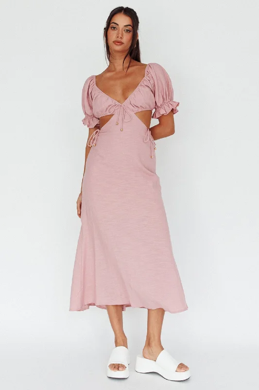 Fancy Free Puff Sleeve Midi Dress Blush Elegant Satin Button Midi Dress