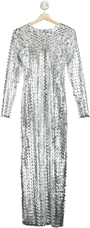 Fashion Nova Silver Sequin Long Sleeve Maxi Dress UK S