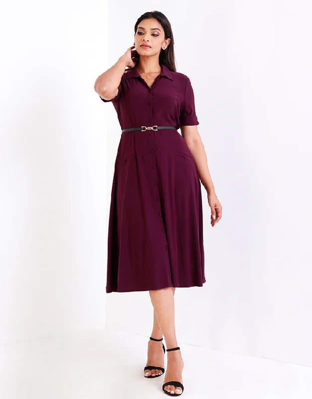 Flared Midi Dress with Shirt Collar