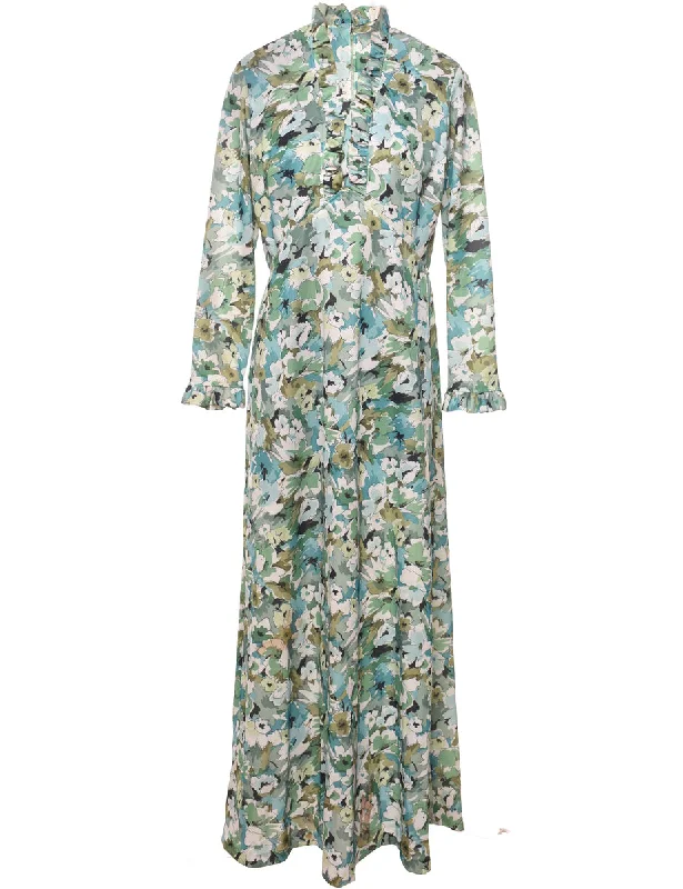 Floral Print Green & White 1970s Maxi Dress - M