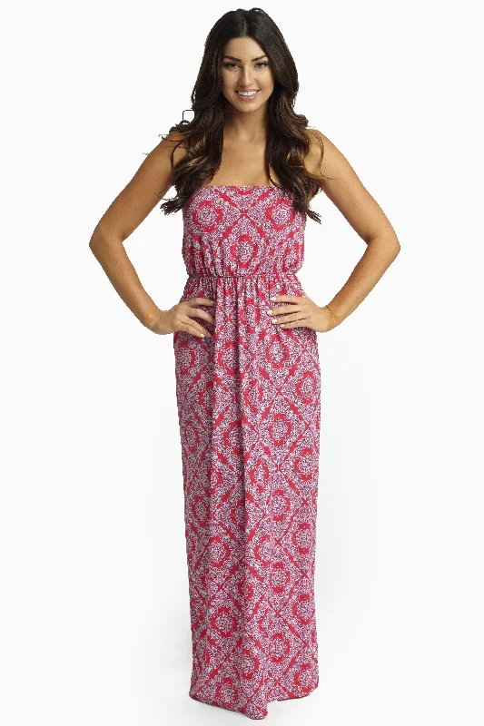 Fuchsia Paisley Diamond Strapless Maxi Dress