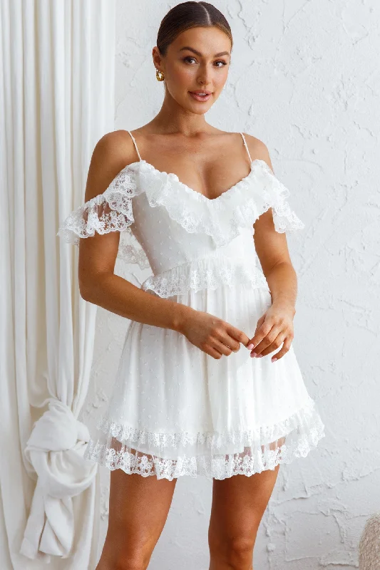 Good Morning Sunshine Off Shoulder Lace Frill Trim Mini Dress White