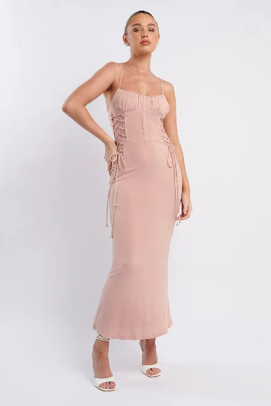 Graziella Laced Corset Midi Dress Nude Trendy Midi Dress with Belt