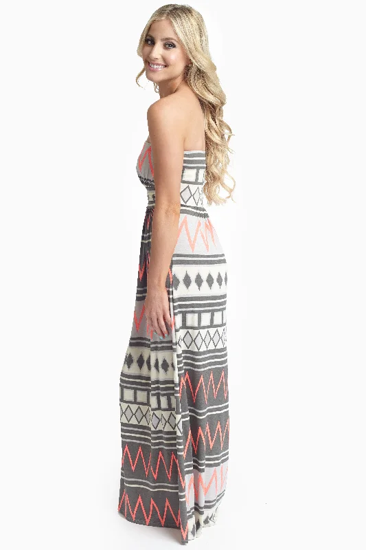 Grey Pink Chevron Tribal Printed Strapless Maxi Dress