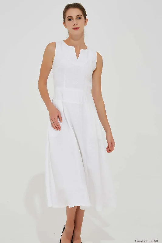 handmade women's casual linen midi dress in White 2099#