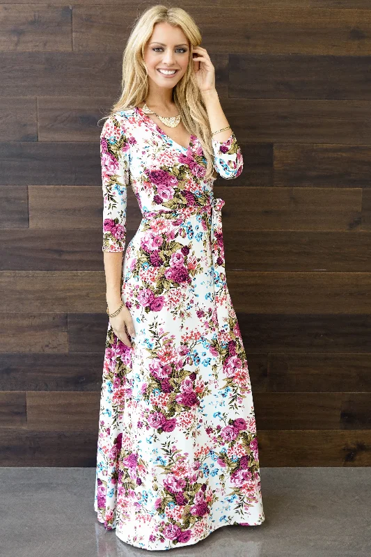 Ivory Floral Draped 3/4 Sleeve Maxi Dress