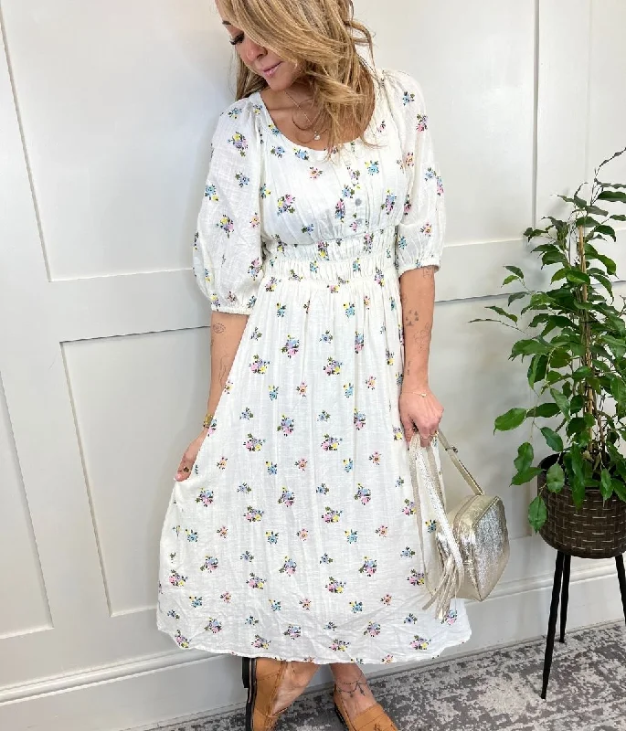 Ivory Linen Look Floral Midi Dress