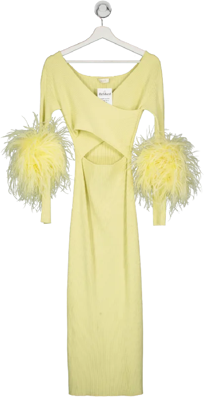 Lapointe Yellow Ribbed Cut Out Maxi Dress With Feather Trim UK XS