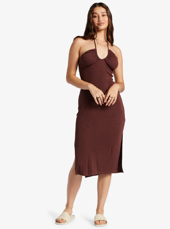 Late Sunset Halter Midi Dress - Bitter Chocolate