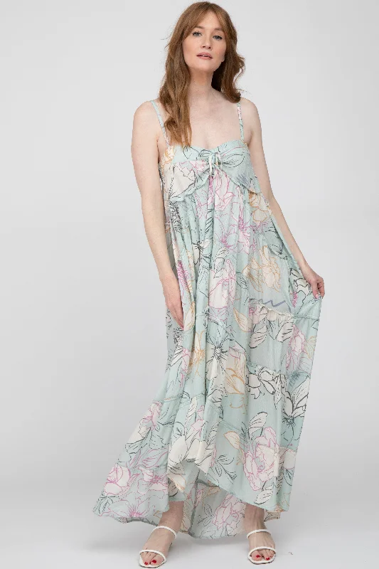 Light Blue Floral Front Tie Empire Maxi Dress Stylish Maxi Dress with Pleats