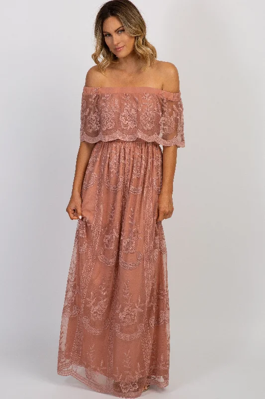 Light Pink Lace Mesh Overlay Off Shoulder Maxi Dress