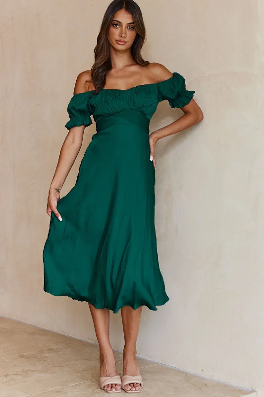Linka Off-Shoulder Tie Back Midi Dress Forest Green Cozy Spaghetti Strap Midi Dress