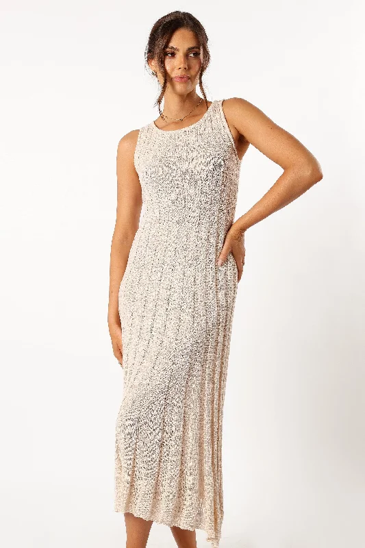 Lucian Light Knit Midi Dress - Cream Fashionable Off-Shoulder Dress Midi
