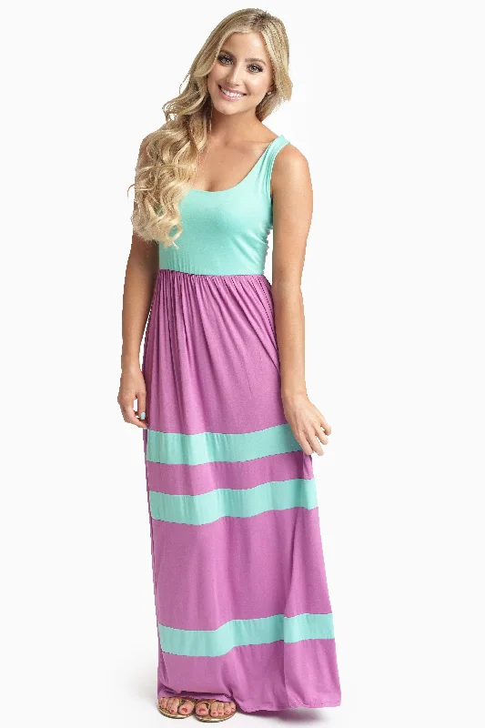 Magenta Mint Green Striped Bottom Colorblock Maxi Dress