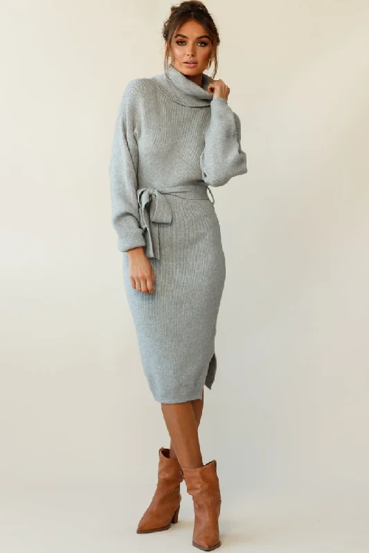 Marco Long Sleeve Turtleneck Knit Midi Dress Grey