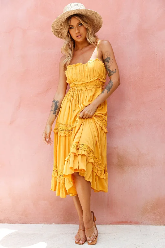 Meet You There Crochet & Frill Trim Detail Midi Dress Mustard Comfortable Floral Print Midi Dress Meet You There Crochet & Frill Trim Detail Midi Dress Mustard Comfortable Floral Print Midi Dress
