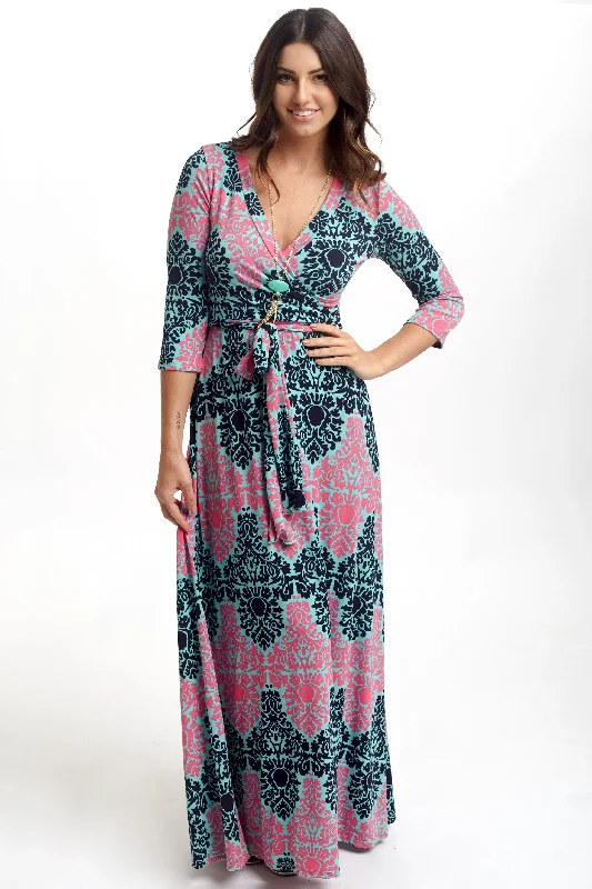 Mint Fuchsia Damask Draped 3/4 Sleeve Maxi Dress