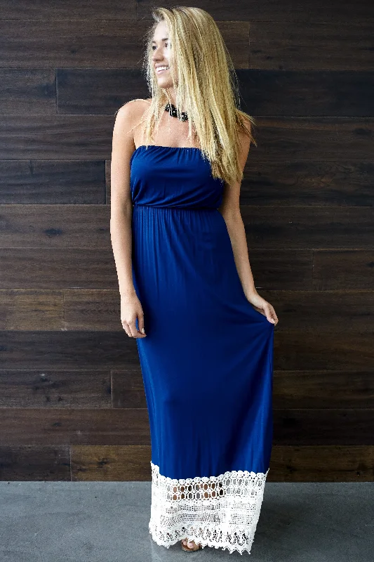 Navy Blue Crochet Trim Strapless Maxi Dress