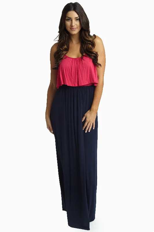 Navy Blue Fuchsia Overlay Maxi Dress