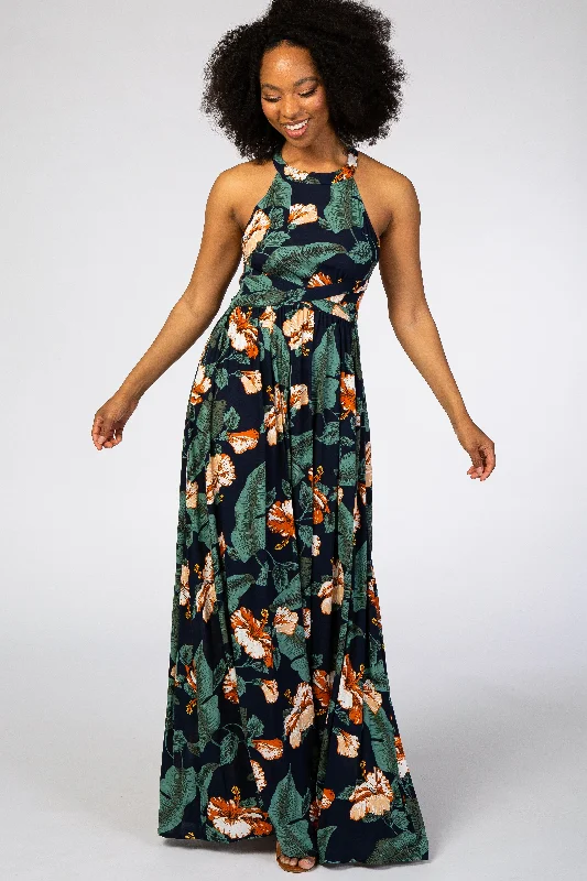 Navy Blue Palm Print Cross Back Maxi Dress