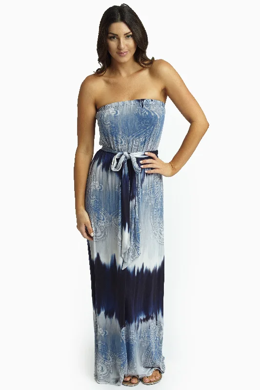 Navy Blue Printed Sash Tie Strapless Maxi Dress