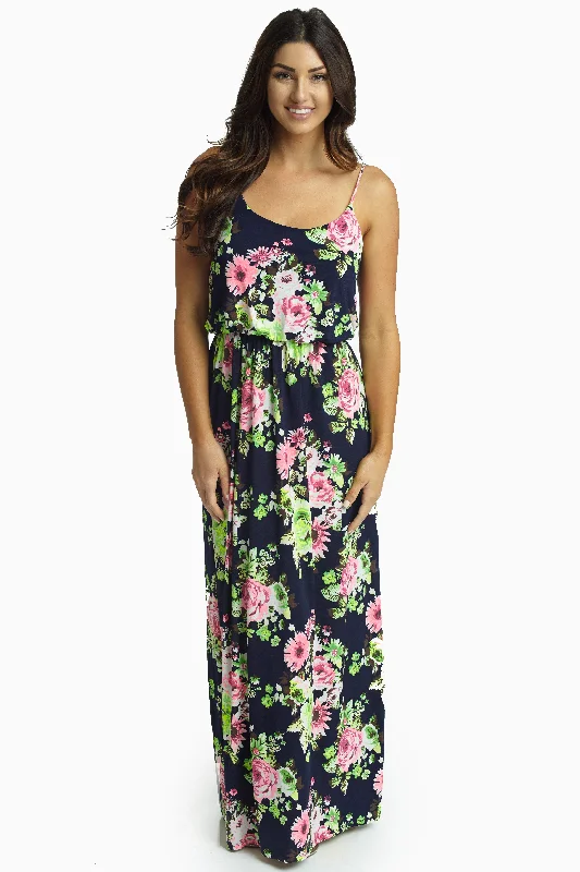 Navy Blue Vibrant Floral Maxi Dress