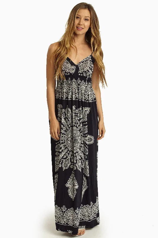 Navy Blue White Printed Maxi Dress