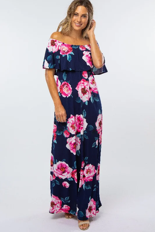 Navy Floral Off Shoulder Flounce Maxi Dress