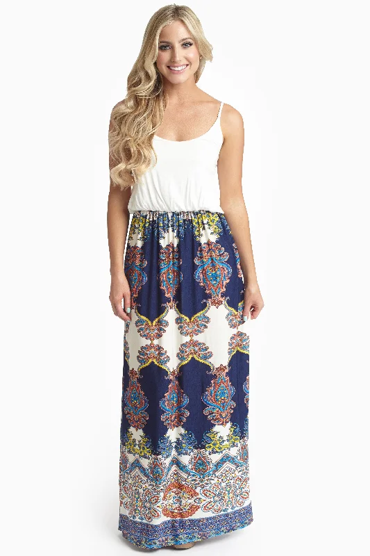 Navy Floral Paisley Printed Bottom Maxi Dress