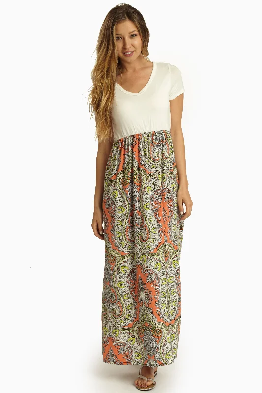 Neon Coral Paisley Print Bottom Maxi Dress